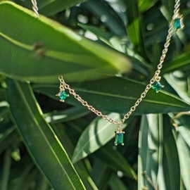 14k Gold Dainty Emerald Green Dangle Choker Necklace for Women, Non-Tarnish Emerald Pendant Station Birthstones, 14-16 inches