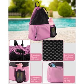 BROTOU Swimming Bag, Swimming Bag, Mesh Backpack with Drawstring, Beach Backpack, Gym Bag, Sports Bag, Adjustable Drawstring Gym Bag, Swimming Bag, Sports Bag for Women and Children (Pale Pink)