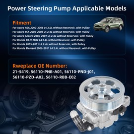 21-5419 Power Steering Pump with Pulley Compatible with 2002-2011 Acura RSX/TSX & Honda Accord/CR-V/Element 2.0L-2.4L OE# 56110-PNB-A01, 56110-PND-J01, 56110-PZD-A02