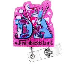 Dental Badge Reel, DA Dental Assistant Accessories Badge Holder ID Card Name Clip Retractable Lanyard | Funny Cute Glitter Toothbrush Tooth Medical Gifts for Dentist Hygienist Student Assistant