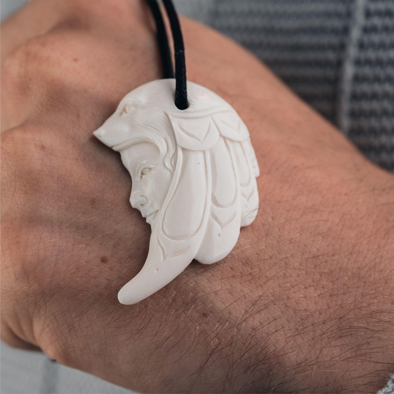 Fly Style Necklace pendant made of bone, shaman with wolf,