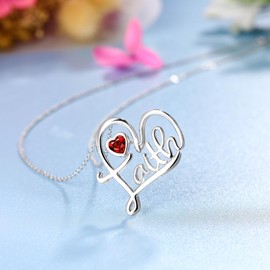 Qings January Garnet Birthstone Heart Pendant Necklace for Women 925 Sterling Silver Cross Faith Heart-Shaped Birth Stone Cubic Zirconnia Necklaces Birthday Christmas Jewellery Gifts for Girls