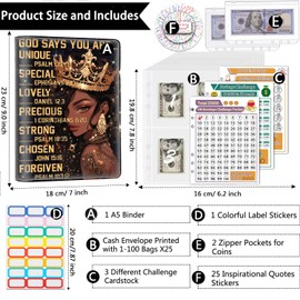 Money Saving Binder, 100 Envelopes Money Saving Challenge, Cash Envelopes Budget Binder & 3 Budgeting Planner Trackers, PU Leathers A5 Money Saving Planner Book，God Say Crown Girl