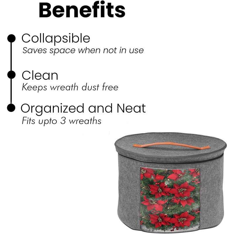Christmas Wreath Storage Bag,Collapsible Felt Holiday Garland Container with Zipper