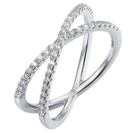 18K White Gold Plated X Ring Simulated Diamond CZ Criss Cross Ring for Women Statement Promise Ring Silver 6
