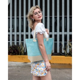 AFKOMST Canvas Shoulder Bag for Women Waterproof Beach Bag Striped Tote bag with Top Zip Closure