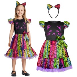 IKALI Girls' Cat Costume, Carnival Dress with Headband, Children's Animal Costume for Cosplay, 4-6 Years