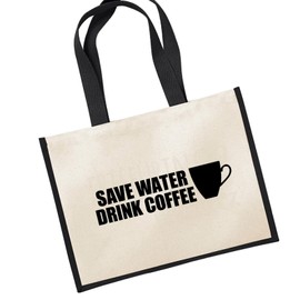 Huuraa Save Water Drink Jute Bag Coffee Cup Carry Bag Black Size 21 Litres with Funny Motif for All Coffee Drinkers Gift Idea for Friends and Family, multicoloured
