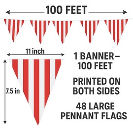 100 Feet Pennant party flags Ideal for Both Children and Adults (Red and White Striped)