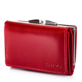 SURAZO® Women's Leather Purse Small Many Compartments – Purse with 12 Card Slots [RFID Protection] [Coin Compartment] Genuine Leather Wallet Women Wallet Flip Wallet, red