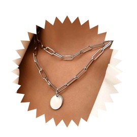 Yienate Punk Layered Chunky Necklace Choker Silver Paperclip Chain Necklace Hip-hop Statement Coin Pendant Necklace Rock Sequin Pendant Layered Necklace Charm Jewelry for Women and Girls