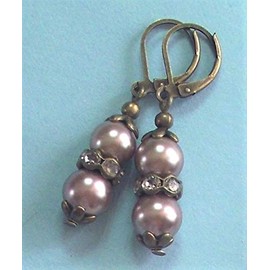 Taupe Glass Pearl Crystal Earring Bronze Lever Back Artisan Earrings For Women Set + Gift Box For Free