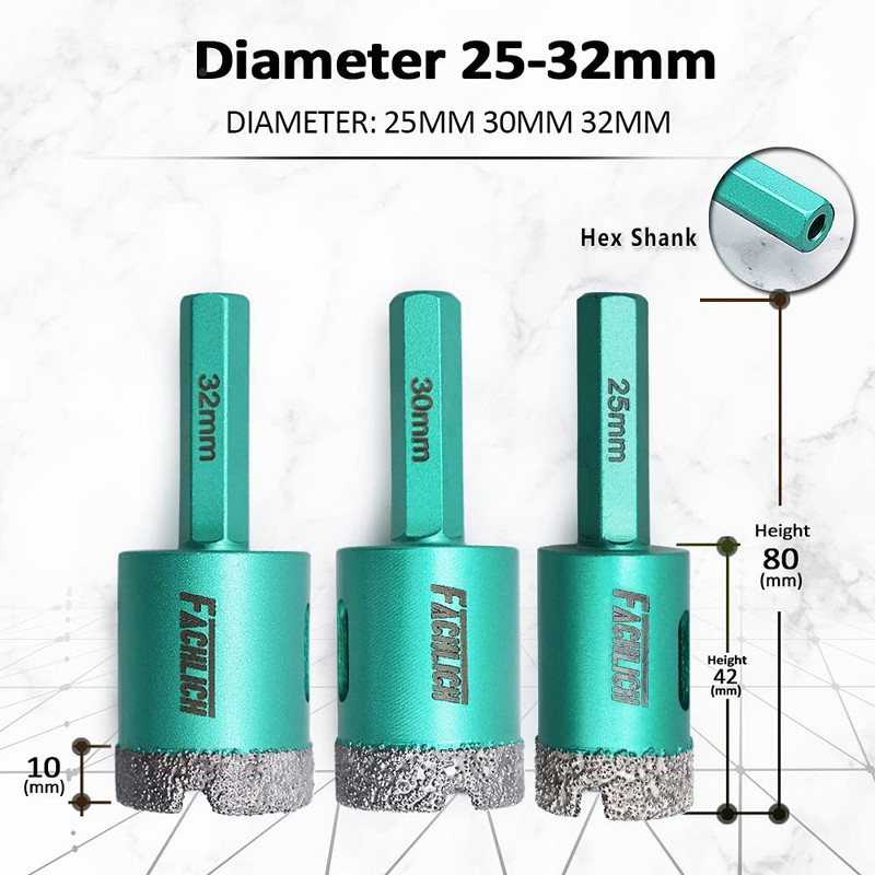 FACHLICH Diamond Core Drill Bit Set 6/8/10/25/35/50mm Porcelain Tile Drill