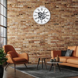 Lafocuse 23 Inch Wooden Moving Gears Wall Clock, Large Roman Numeral Clock with Moving Gears,White Oversize Industrial Vintage Rustic Farmhouse Wall Clock for Living Room Decor Office Home-Version 2.0