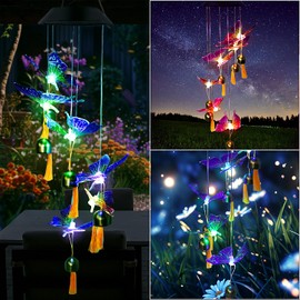 Flumy Solar Lights Outdoor Waterproof 1 Pack, Upgraded Outdoor Solar Lights for Yard Patio Garden Decor, Solar Lights for Outside Gardening Supplies, Pink and Yellow Butterfly Tassel Wind Chime Light