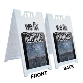 A-Frame Sidewalk We Fix Tablets 24" x 36" Double Sided A-Frame Sidewalk Sign, Includes 2 Installed Vinyl Decals | Foldable Portable White Signicade Sandwich Board Signs
