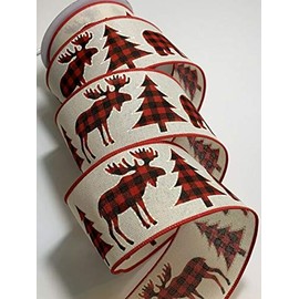 MIABE Ribbons Supplies for 10 Yds - 2 1/2” Christmas Faux Burlap Ribbon Red/blk Check Moose, Trees, Bear for DIY Craft, Gift Wrapping, Christmas Wreaths Decoration.