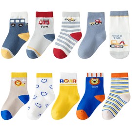 Zumou Toddler Kids Little Boys Fashion Cotton Crew Socks 10 Pack (7-10Years fire engine 2#)