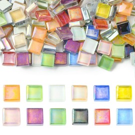Ipotkitt 240 pcs 12 Colors 10mm Rainbow Iridescent Square Glass Cabochons Crystal Cube Mosaic Pieces Mosaic Tiles for Arts DIY Crafts Bathroom Kitchen Home Garden Decoration Bulk