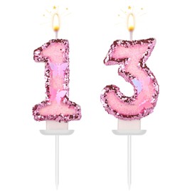 BOXOB Girls Birthday Number 13 Candles, 2.95in Glitter Butterfly Happy Birthday Cake Toppers Pink Sequins Wedding Numeral Cupcake Decorations for Anniversary Celebration Party Supplies (13th)