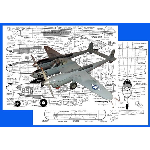 Unbranded Model Airplane Plans (UC): Lockheed P-38 40" Scale for