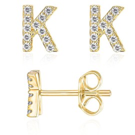 Initial Stud Earrings for Girls 18K Gold Plated CZ Simulated Diamond Stud Earrings Hypoallergenic Earrings for Women (K)