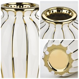 White & Gold Ceramic Flower Vase - 7.8" Modern Vertical Stripe Pottery Wave Vase | Ribbed Textured Flower Vase for Home Decor Bedroom Office Living Room Bathroom Table Centerpiece