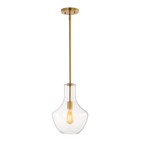 JONATHAN Y JYL6400C Watts 10.5" 1-Light Mid-Century Modern Iron/Glass LED Pendant Contemporary, Coastal, Vintage Rattan 180" Cord Plug-in or Hardwired Bedroom Living Room, Brass Gold/Clear