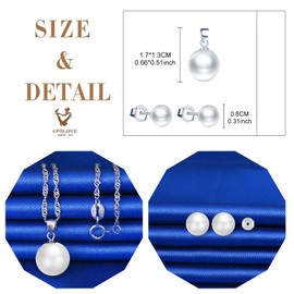 CPSLOVE Pearl Necklace and Earrings for womens and girls, 925 sterling silver jewelry set, Elegant Pearl necklace pendant, with 45cm chain, Pearl earrings studs, white