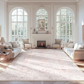 CAPALOCA Area Rug 9x12 Area Rugs Print Machine Washable Area Rug Vintage Boho Large Area Rug Distressed Carpet Non Slip Low Pile Stain Resistan for Living Room Bedroom Pink