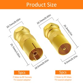 10 Pieces F Male to RF Male Female Coaxial Adapter, KUOQIY TV 9.5 5 Male & 5 Female to F Type Screw Connector Male Converter, F-Type Male to TV Antenna Adapter, Gold-Plated