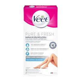 Veet Pure & Fresh, Bandas de Cera Depilatoria, Piernas y Cuerpo, Piel Sensible, 12 piezas