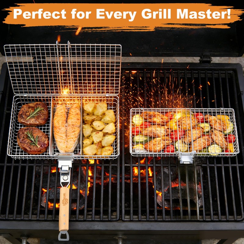 Fish Grill Basket for Outdoor Grill, Stainless Steel ，Removable Wooden
