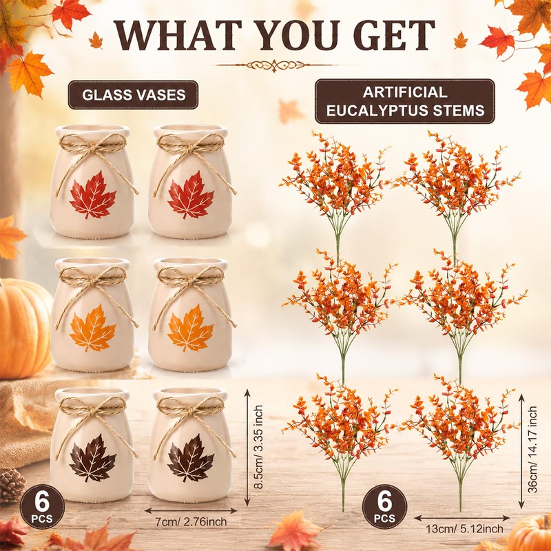 6 Set Fall Mini Mason Jar Centerpieces, Rustic Glass Vases
