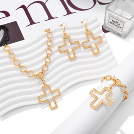Hermoli Elegant Cross Pendant Jewelry Set, Gold and Silver Chain Link Necklace with Crystal Embellished Cross Charms, Bracelet and Earring Set