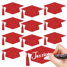 Whaline 50Pcs Grad Caps Cutouts Glitter Red Graduation Paper Cutting with 100Pcs Glue Points Grad Cap with Tassel Shaped Confetti for High School College Graduation Party Supplies, 5.7 Inch