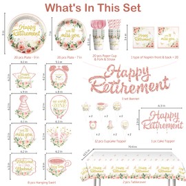 152pcs Floral Retirement Decorations for Women Tableware Set, 20 Serves Disposable Retirement Plates and Napkins Sets, with 2pcs Tablecloth, Pre-strung Banner for We Will Miss You Decorations