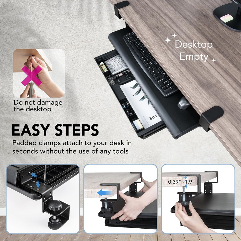 EHO Keyboard Tray with Drawer - Clamp On Under Desk