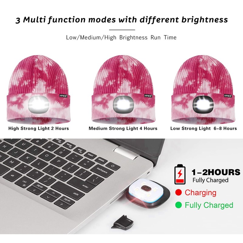 ATNKE 2Pcs LED Lighted Beanie Hat,USB Rechargeable 4 LED Running
