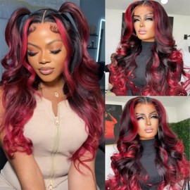 QD-Tizer QD-Tizer Red Highlights Lace Front Wigs for Women Body Wave Middle Part Long Hair Wigs Glueless Red Mixed Black Color Long Wavy Wigs for Fashion Women Heat Resistant Natural Wave for Daily Party Use