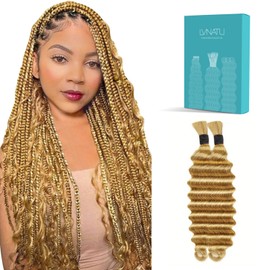 Lvnatu Honey Blonde Human Braiding Hair Color 27 for Boho Braids Bohemian Knotless Deep Wave Bulk No Weft 2 Bundles 100g 26 Inch