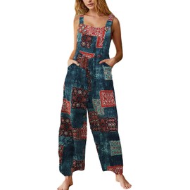 Himosyber Women's Patchwork Dual Pocket Jumpsuit Loose Floral Print Bohemian Wide Leg Bib Overall (#1TealBlue, S)