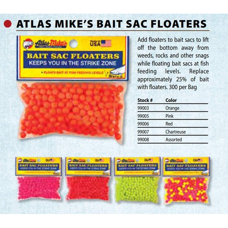 Atlas Mike's Assorted Bait Sac Floaters, Red/Yellow/Pink/Orange