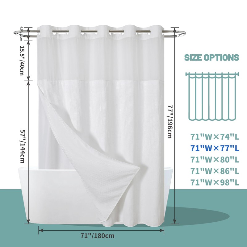 eachope White No Hook Waffle Weave Shower Curtain with snap-in