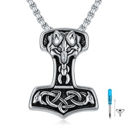 PROESS Thor Hammer Urn Necklace Sterling Sliver Mjolnir Cremation Necklace for Ashes Norse Viking Wolf Memorial Jewelry for Men