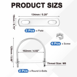 PATIKIL Round U-Bolts, 2 Pcs 4.02"(102mm) Inner Width 129mm Length M8 with Nut Plate Washer 304 Stainless Steel Round Bend U-Bolts for Boat Trailer Axle Sailboat