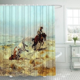 Svnthqp Vintage Western Shower Curtain Set Cowgirl Cowboy Roping Steer Rodeo Bathroom Curtains Polyester Fabric Waterproof Bath Curtains Decor 72" W x 72" L with Hooks