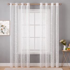 MIULEE White Sheer Curtains with Embroidered Leaf Pattern for Living Room Spring Decorative Elegant Grommet Embroidery Window Voile Bedroom Drape 2 Panels 54 x 63 Inches White
