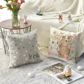 Artoid Mode Grey Stripe Point Bunny Rabbit Ears Easter Cushion Covers Set of 4, 45x45 cm Flowers Decorative Pillow Case Cover Sofa Living Room Decor