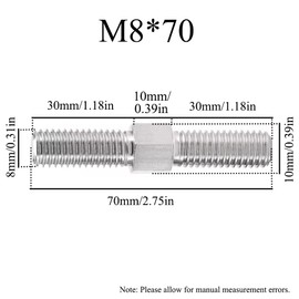 4Pcs 304 Stainless Steel Hex Head Double End Studs Rods, Left/Right Hand Threaded Rod Double End Thread Rod Stud Bolts, M8 x 70mm